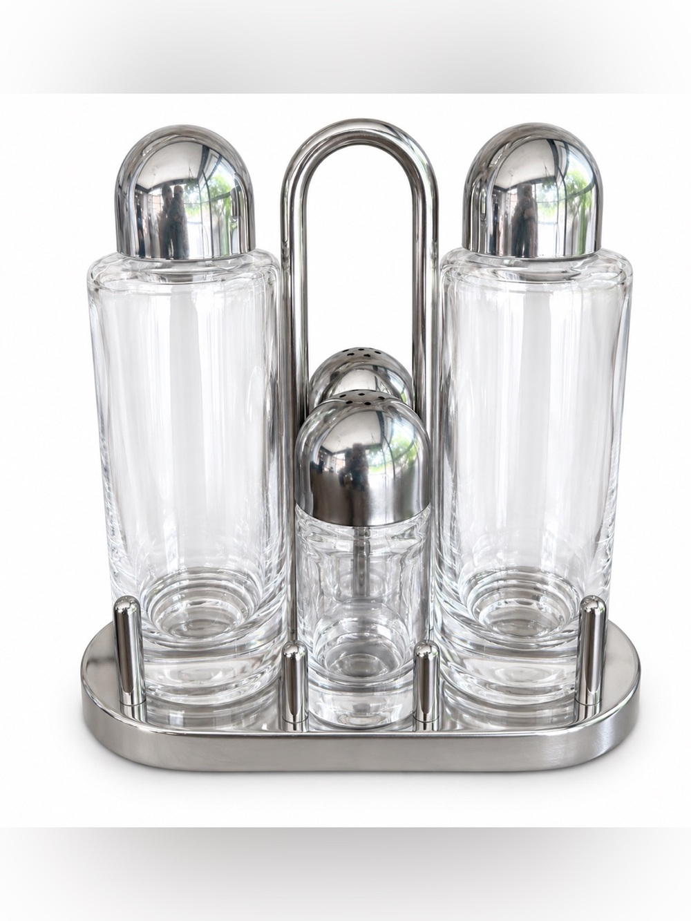 Alessi 5070 Condiment Set Sottsass Oil Vinegar Salt Pepper Chrome Glass Italy